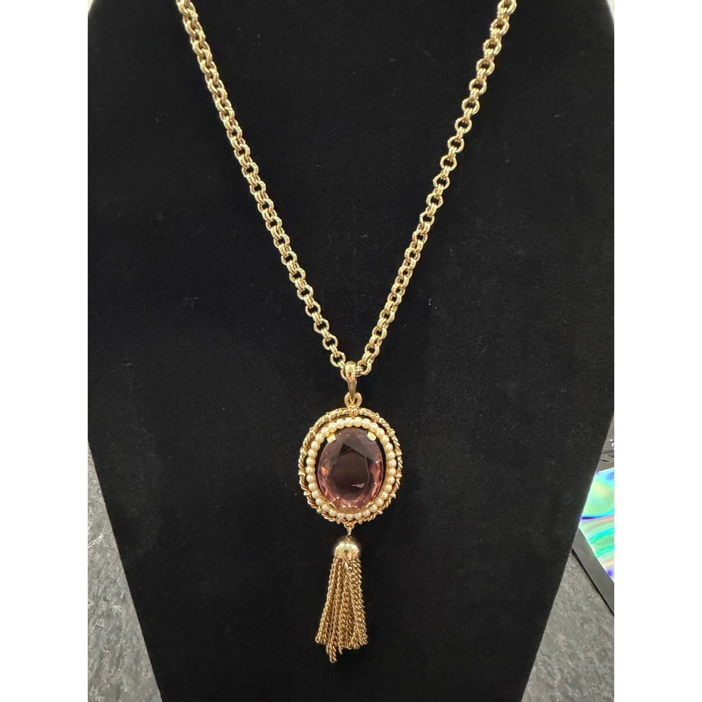 Vintage 1972 Avon Faux Amethyst Pearl Tassel Pendant Necklace Gold Tone 30 Inch